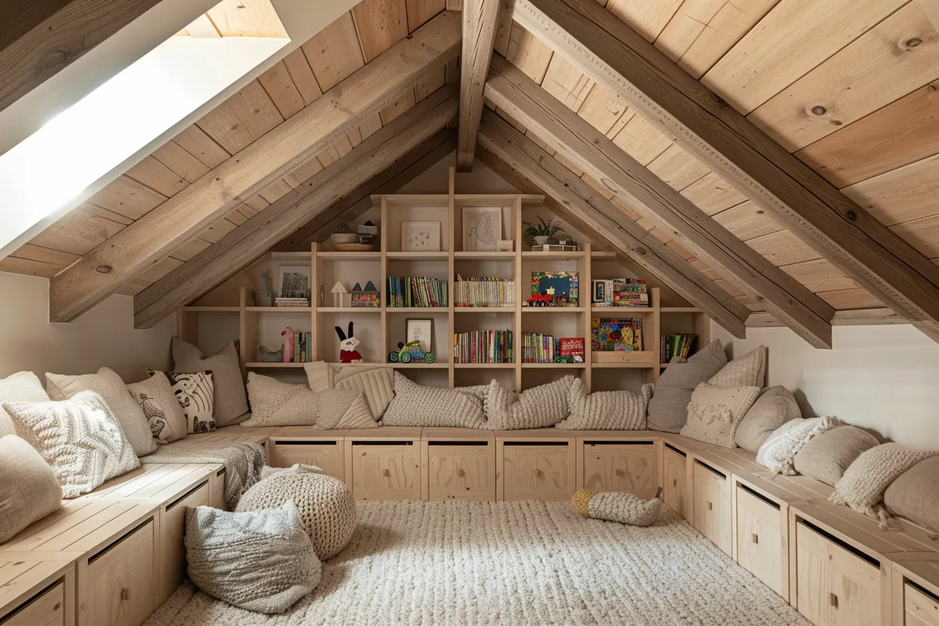 Children's loft play area under the eaves with built-in storage and Scandinavian decor
