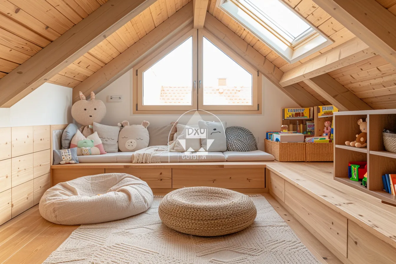 Kids room in attic conversion featuring natural wood and cozy reading corner
