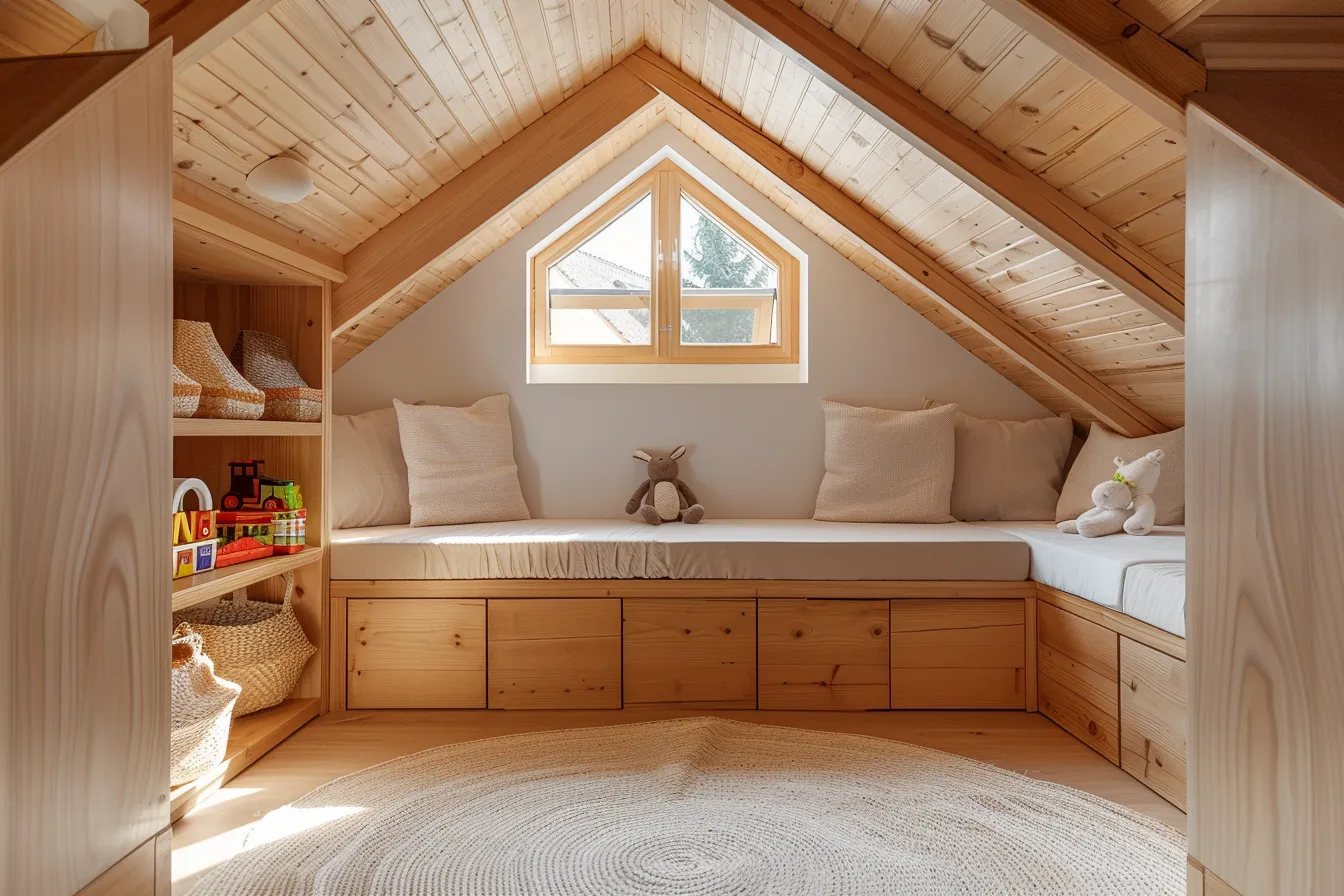 Bright attic kids play space with warm wooden tones and editorial interior styling