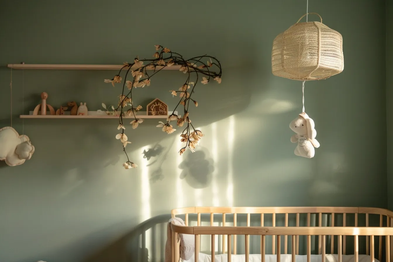 Modern baby room design with wooden shelf and cotton mobile in warm light
