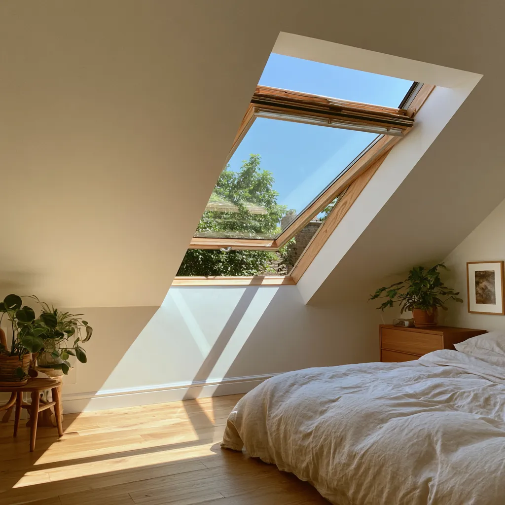 Ventana Velux grande dormitorio bajo techo cielo abierto luminoso