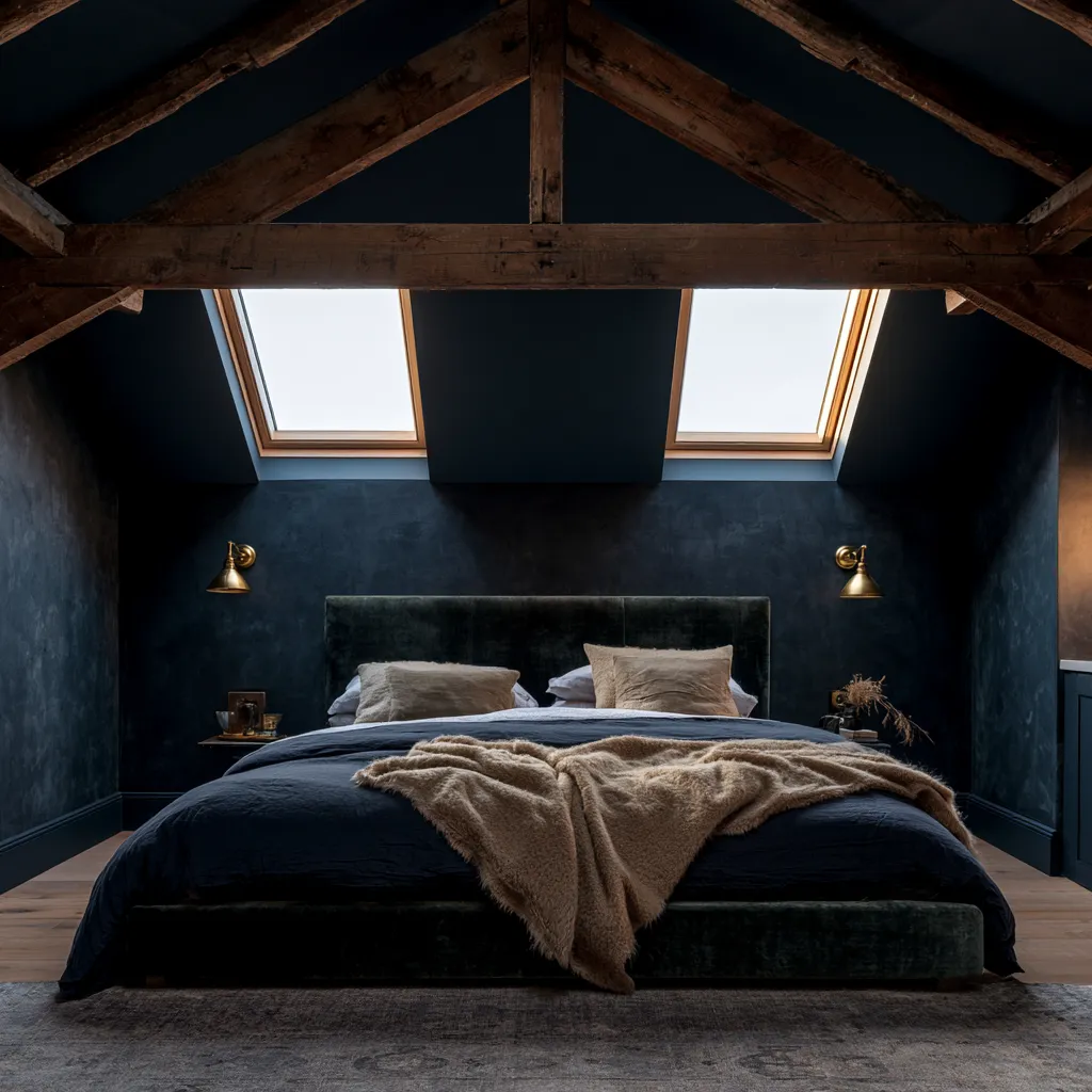 Ideas dormitorio desván bajo techo azul marino vigas expuestas