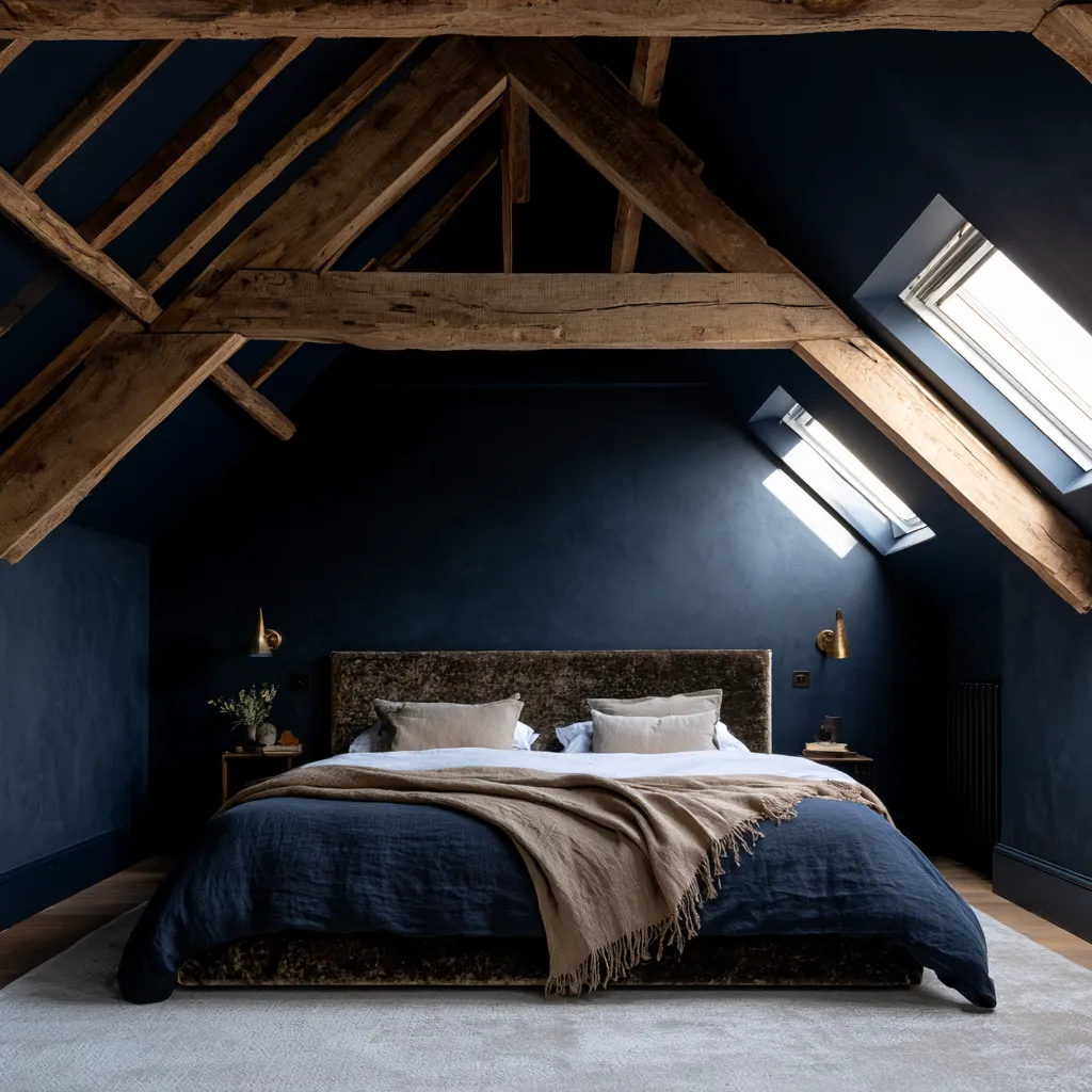 Dormitorio desván techo inclinado azul oscuro ventanas Velux iluminación
