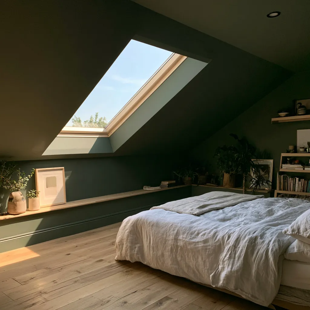 Ideas dormitorio desván bajo techo verde bosque ropa cama lino