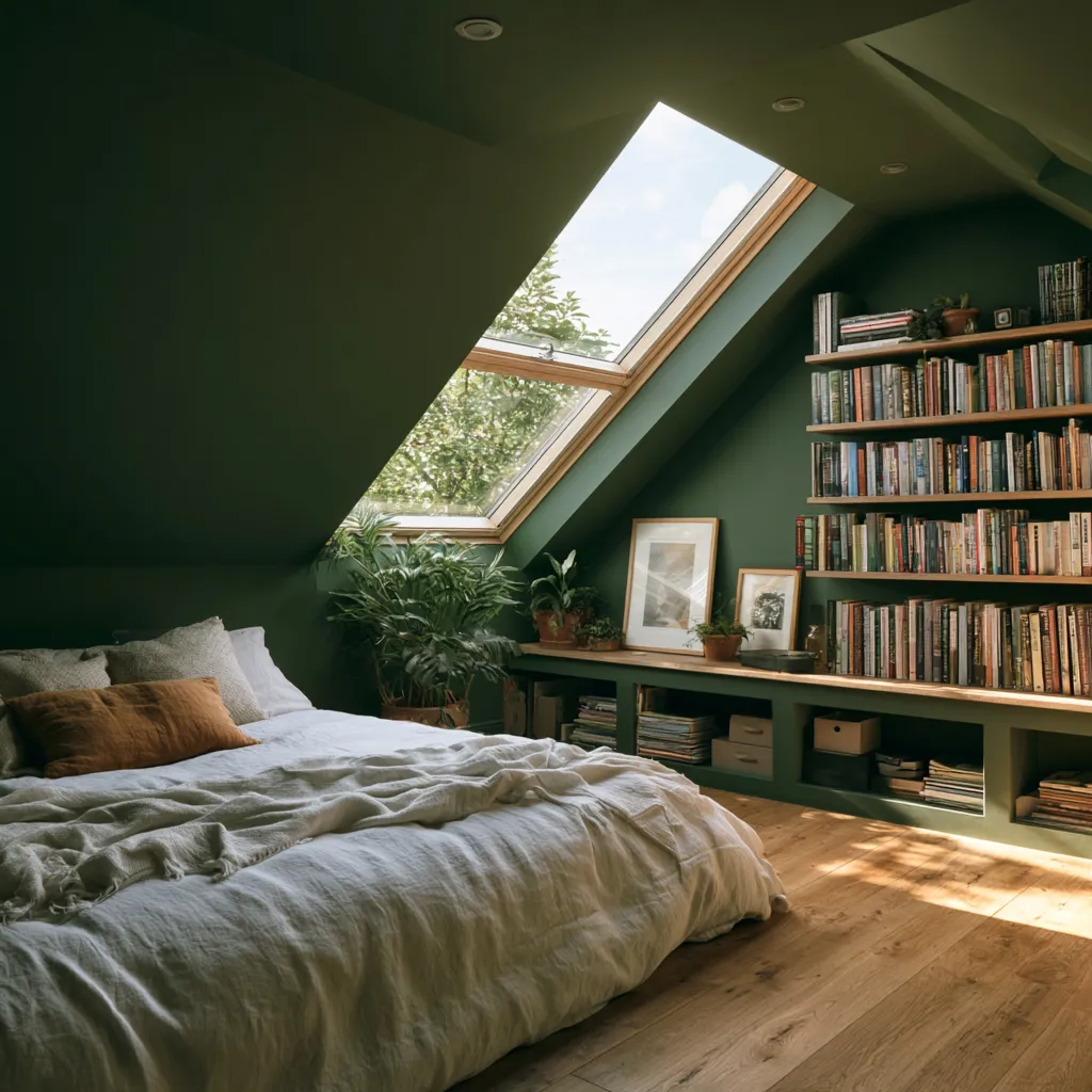 Dormitorio desván techo inclinado pintado oscuro ventana Velux contraste