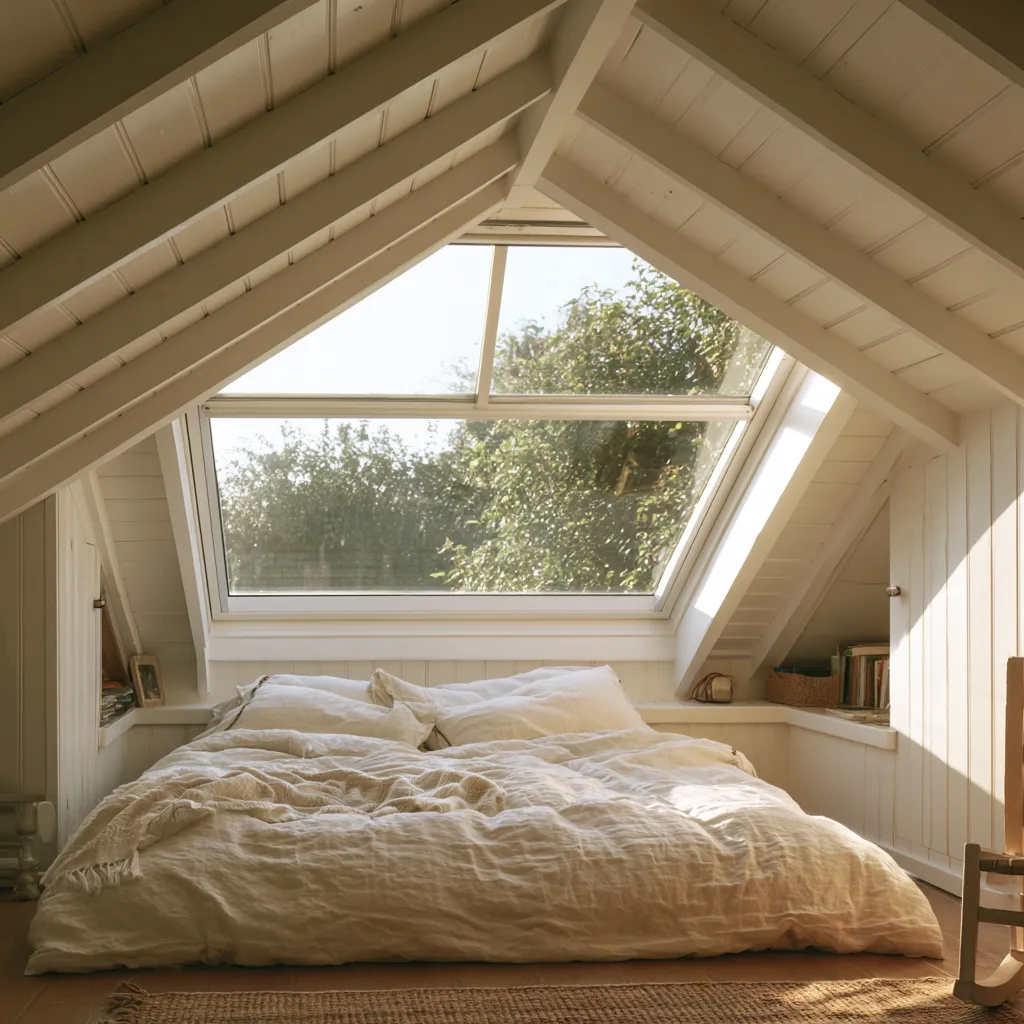 Ideas dormitorio desván luz matinal paredes madera y ventana Velux