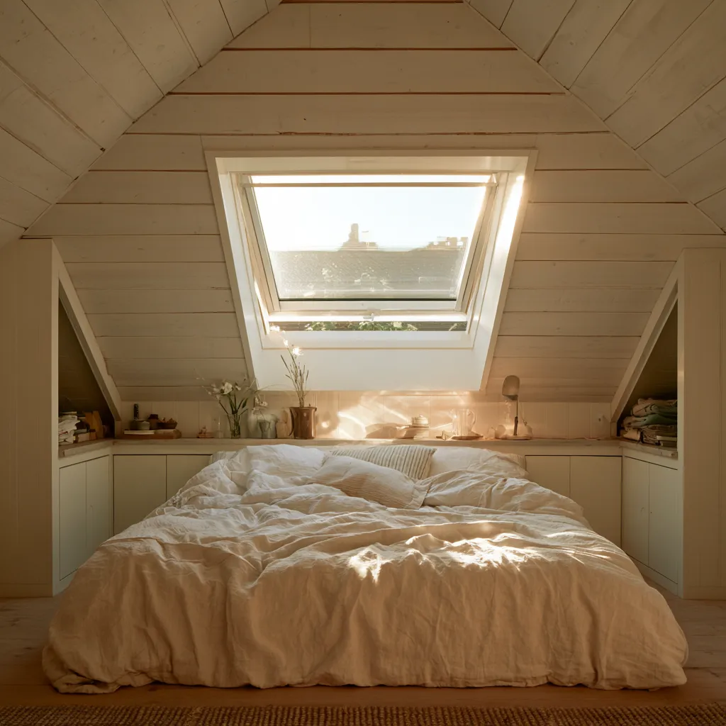 Ideas dormitorio desván con cama bajo viga y almacenaje en aleros