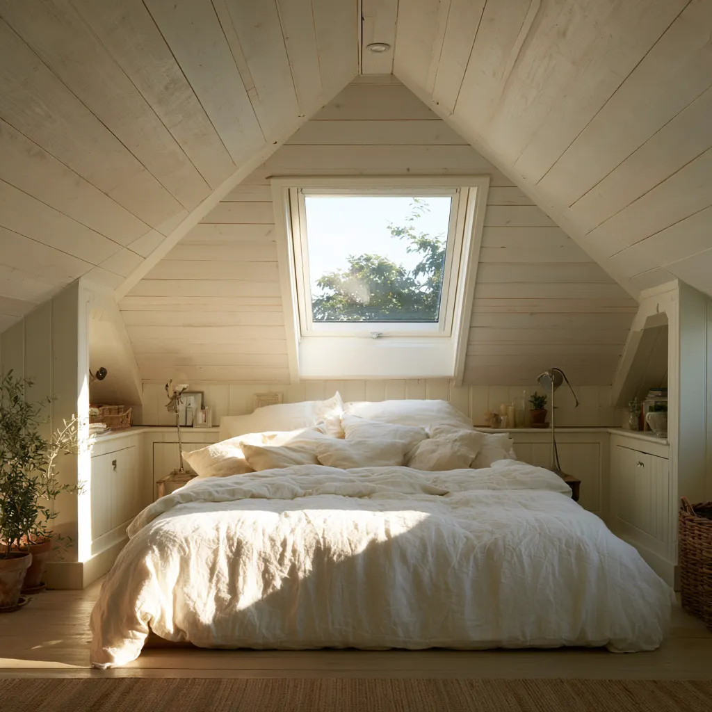 Dormitorio bajo techo desván con armarios empotrados bajo ventana Velux