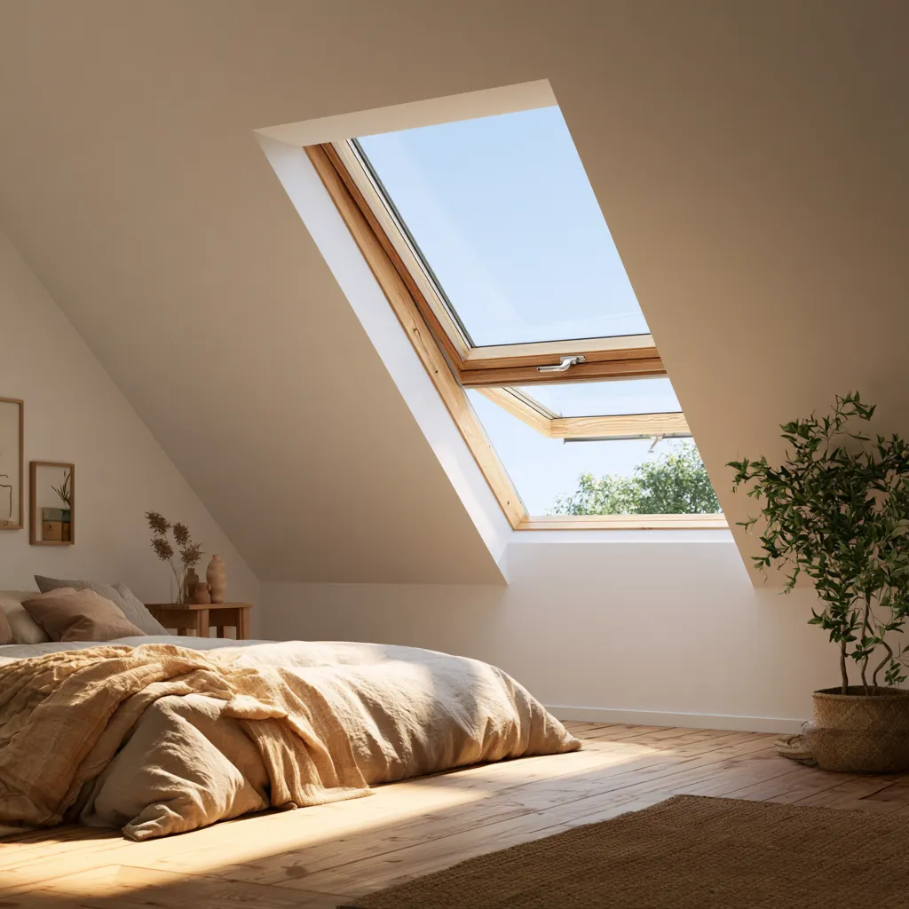 Dormitorio desván ideas Velux techo blanco inclinado decoración escandinava