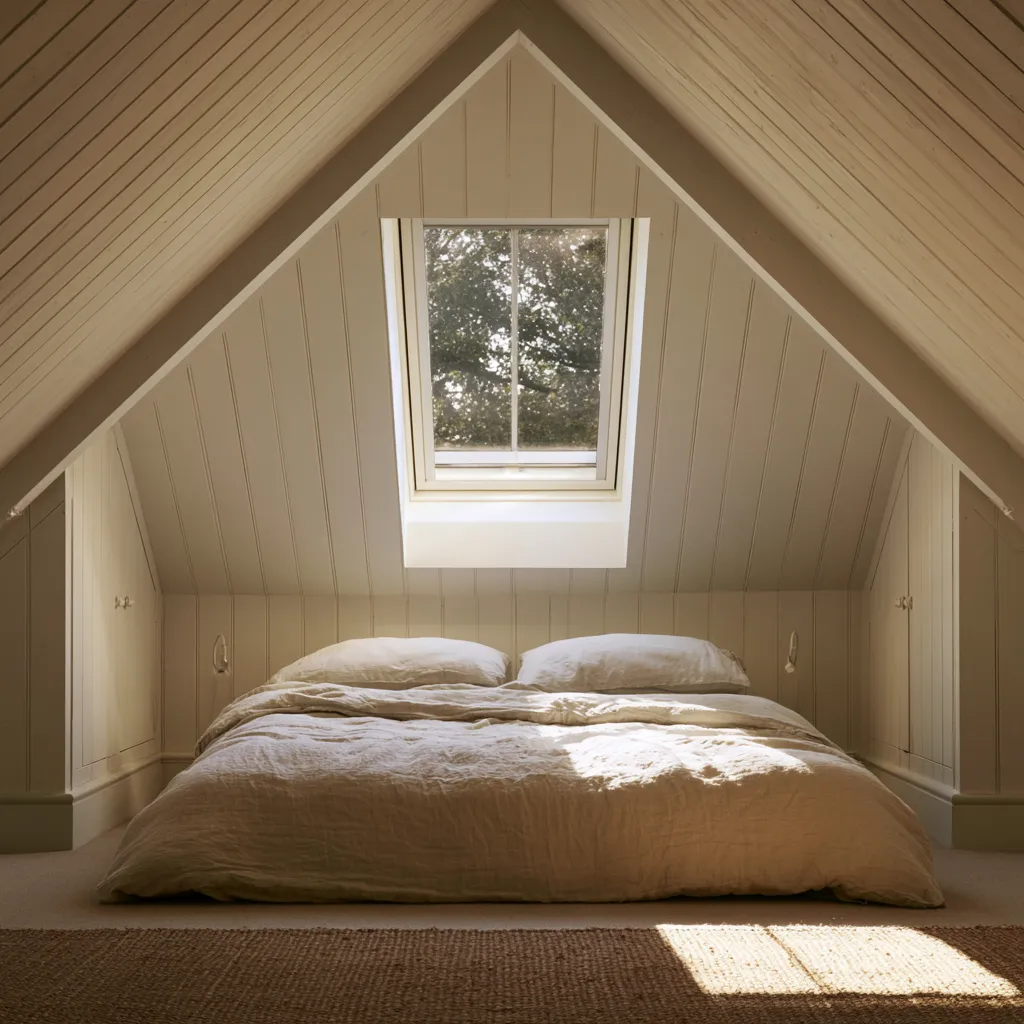 Dormitorio desván techos inclinados pintado blanco con ventana Velux