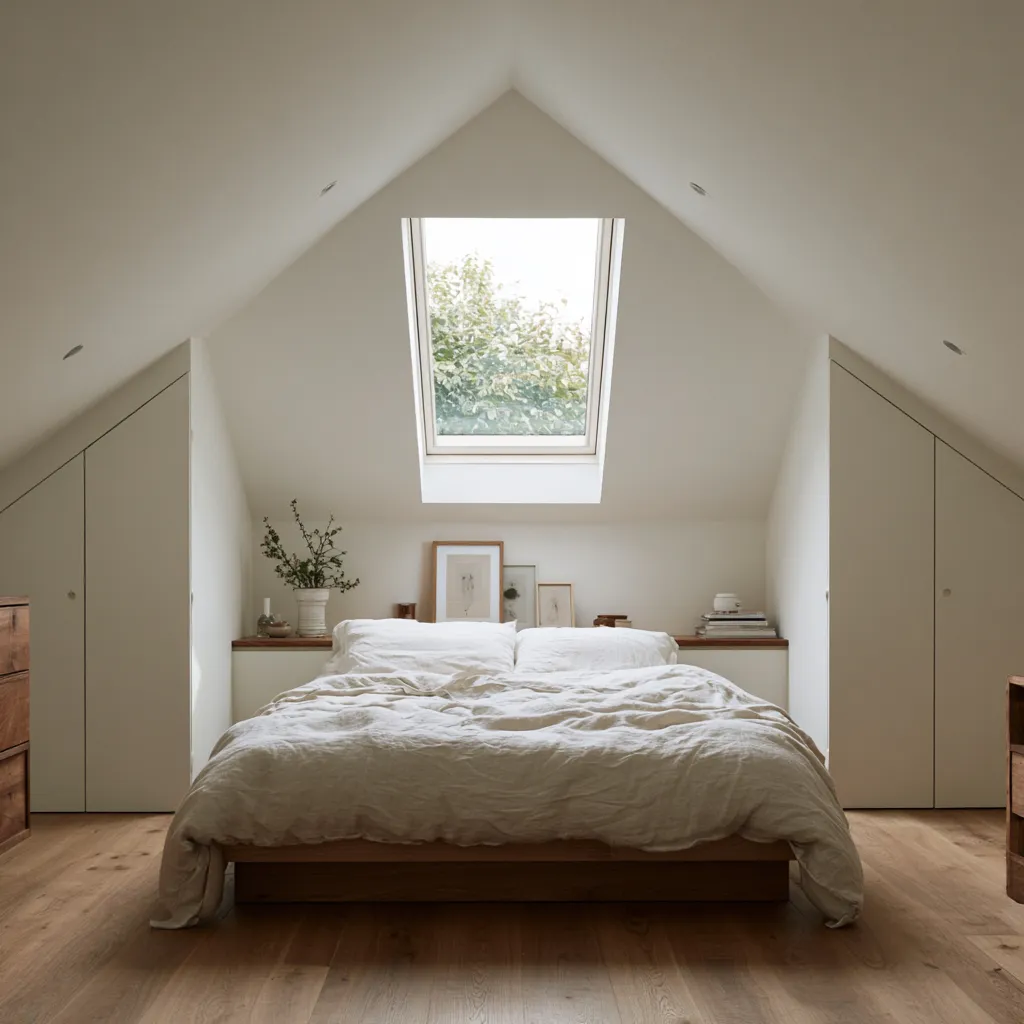 Armarios aleros dormitorio desván bajo techo ventana Velux lateral