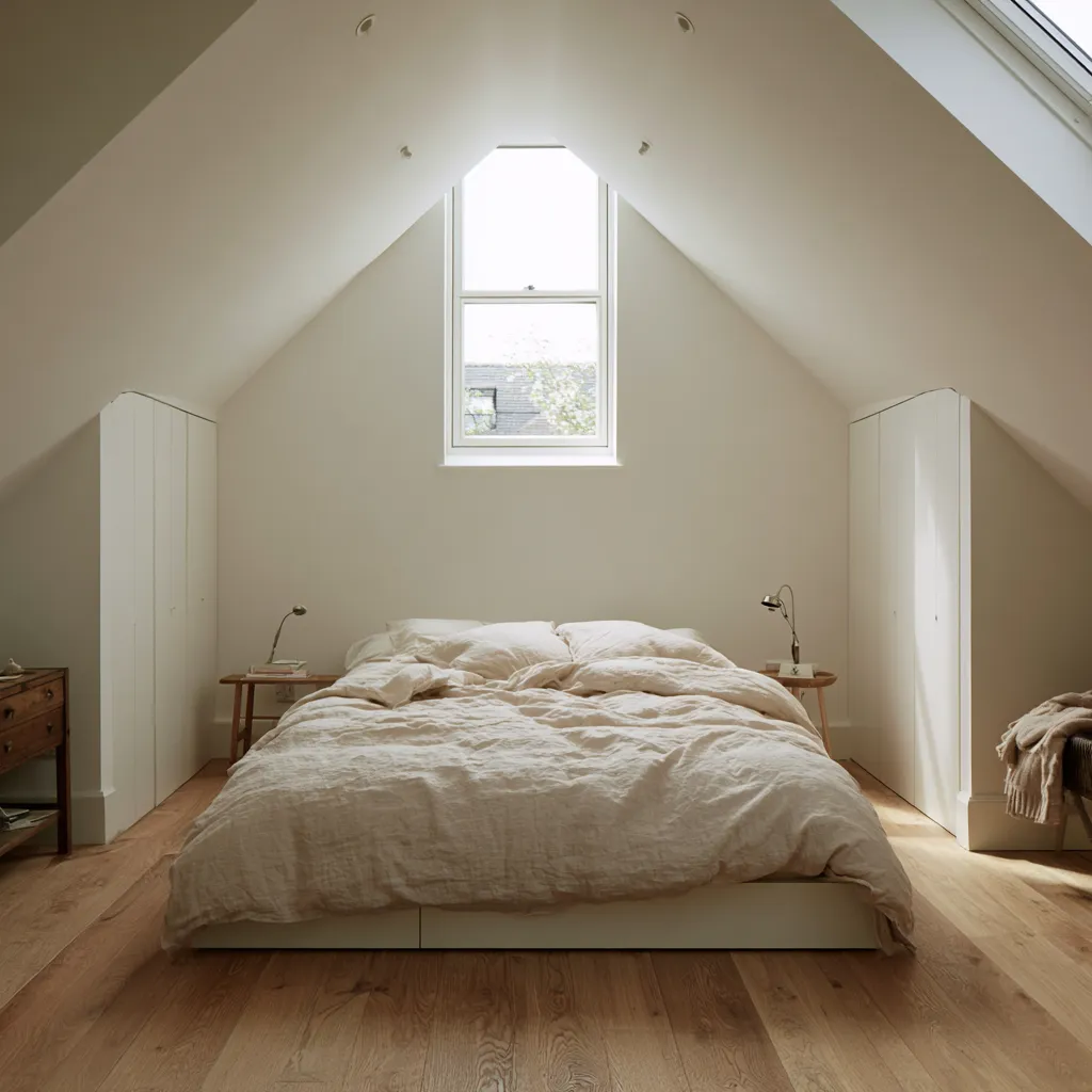 Dormitorio desván almacenaje completo aleros techos inclinados Velux