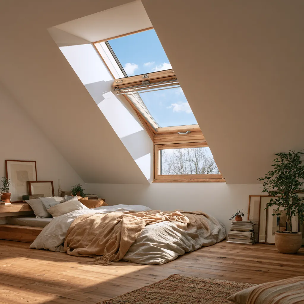Ventana Velux abierta dormitorio desván bajo techo luz natural