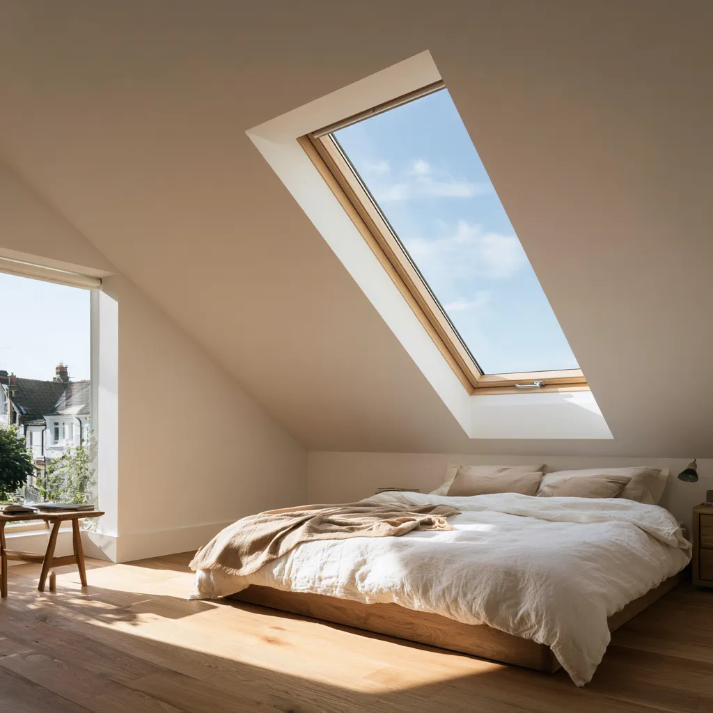 Ventana Velux abatible dormitorio desván bajo techo piso madera