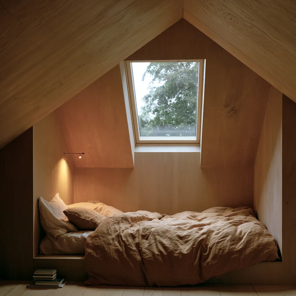 Ventana Velux sobre cama dormitorio desván bajo techo inclinado