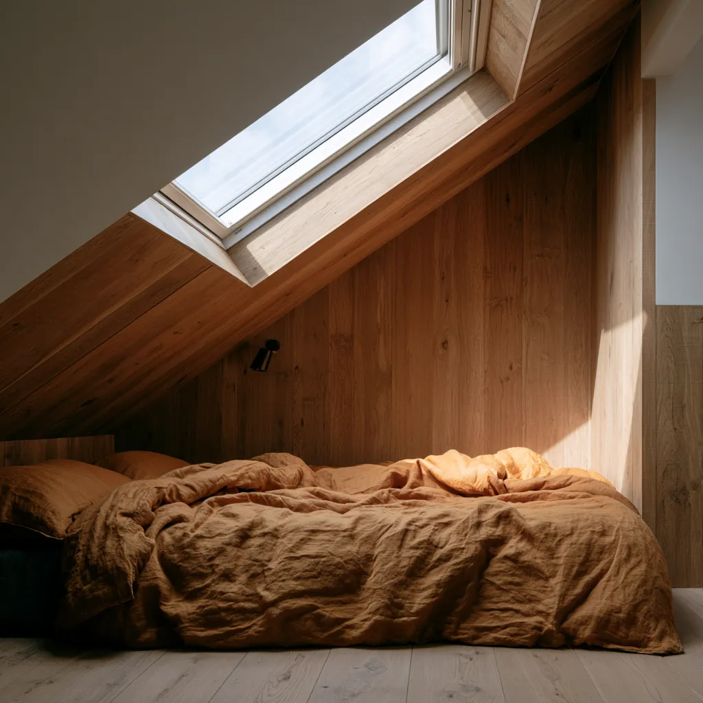 Cama bajo techo inclinado dormitorio desván ventana skylight Velux