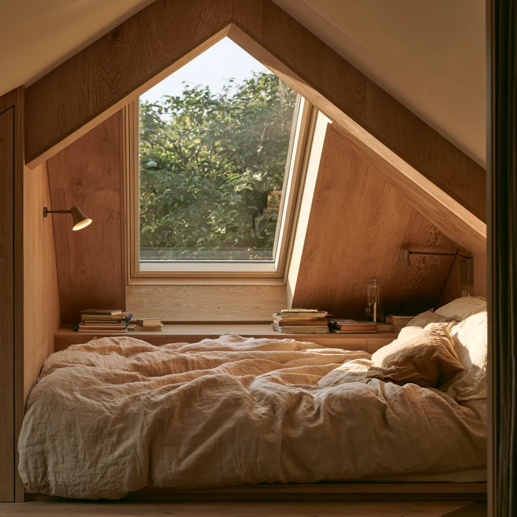 Cama alcoba aleros dormitorio desván bajo techo ventana Velux