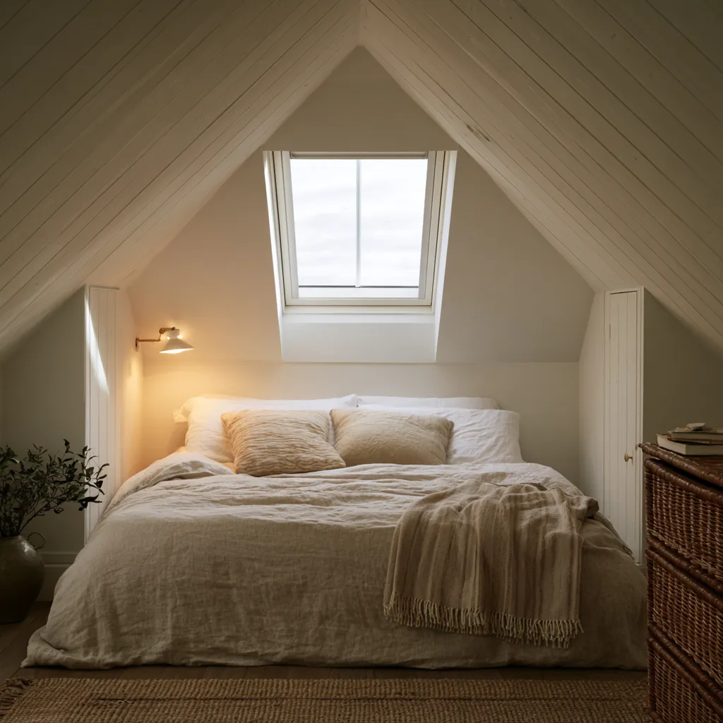 Dormitorio bajo techo desván cama alojada bajo aleros tejado
