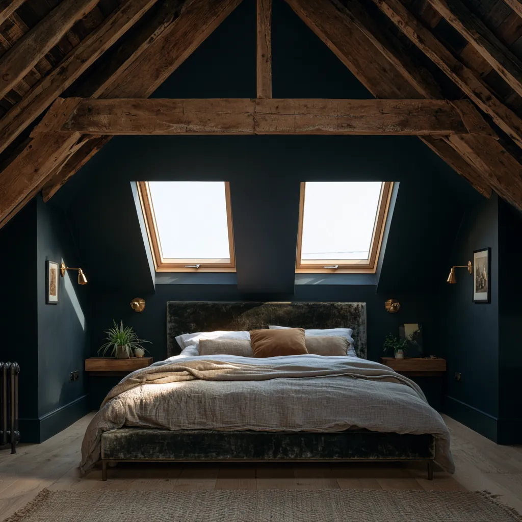 Dormitorio desván oscuro techo bajo pintura azul marino Velux