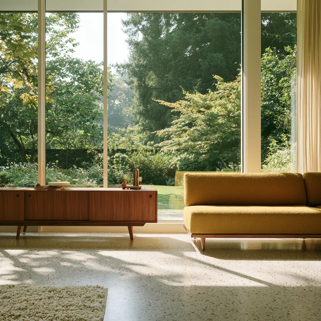 Mid century modern style room with natural light, walnut furniture and geometric accents
