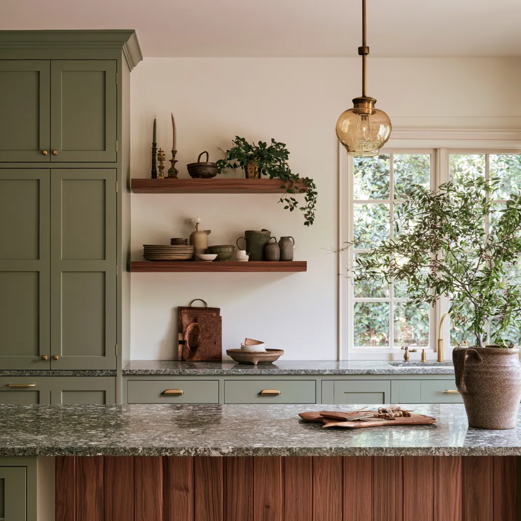 Mid century modern style kitchen interior with terrazzo countertop and muted green cabinetry