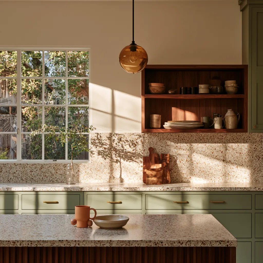 Classic mid century kitchen design with brass pulls and open walnut shelves