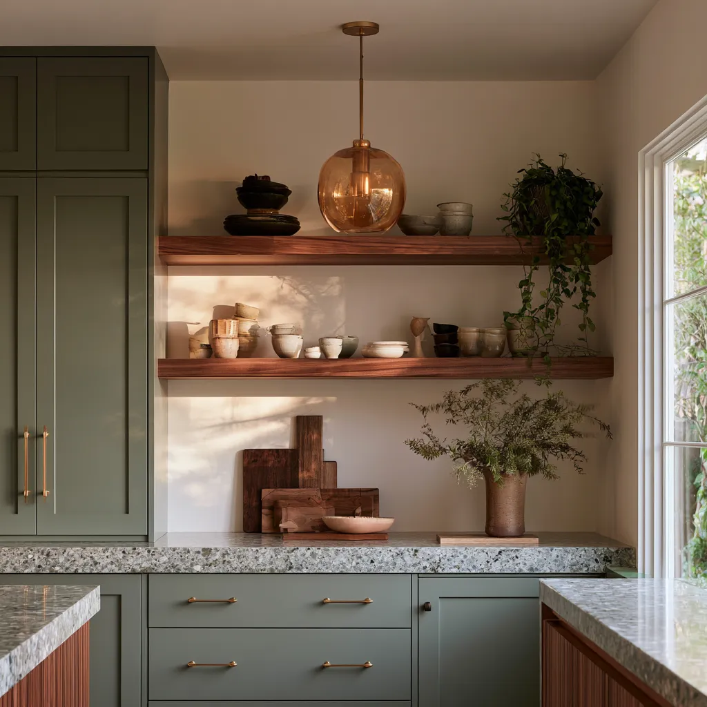 Mid century style kitchen with sage green cabinets and brass hardware under warm light