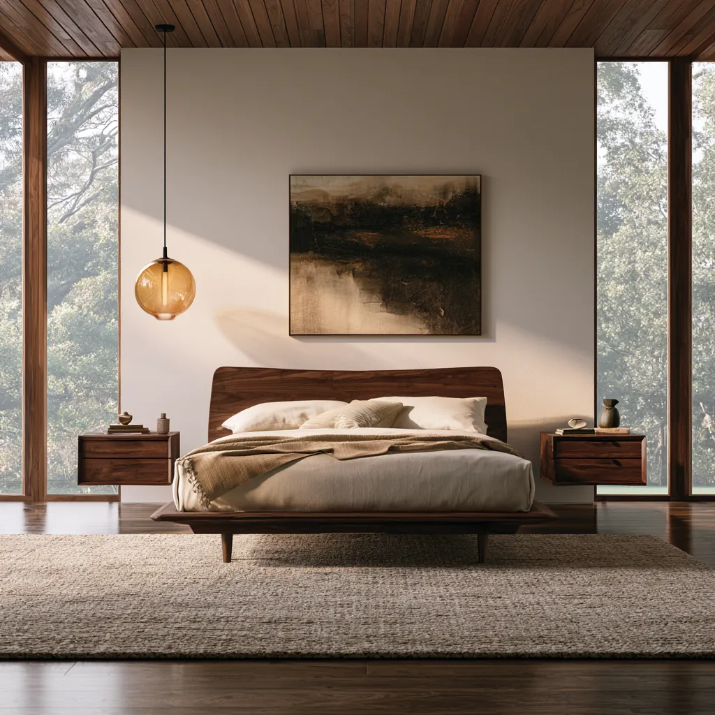 Mid century style bedroom with walnut platform bed and curved headboard in warm light