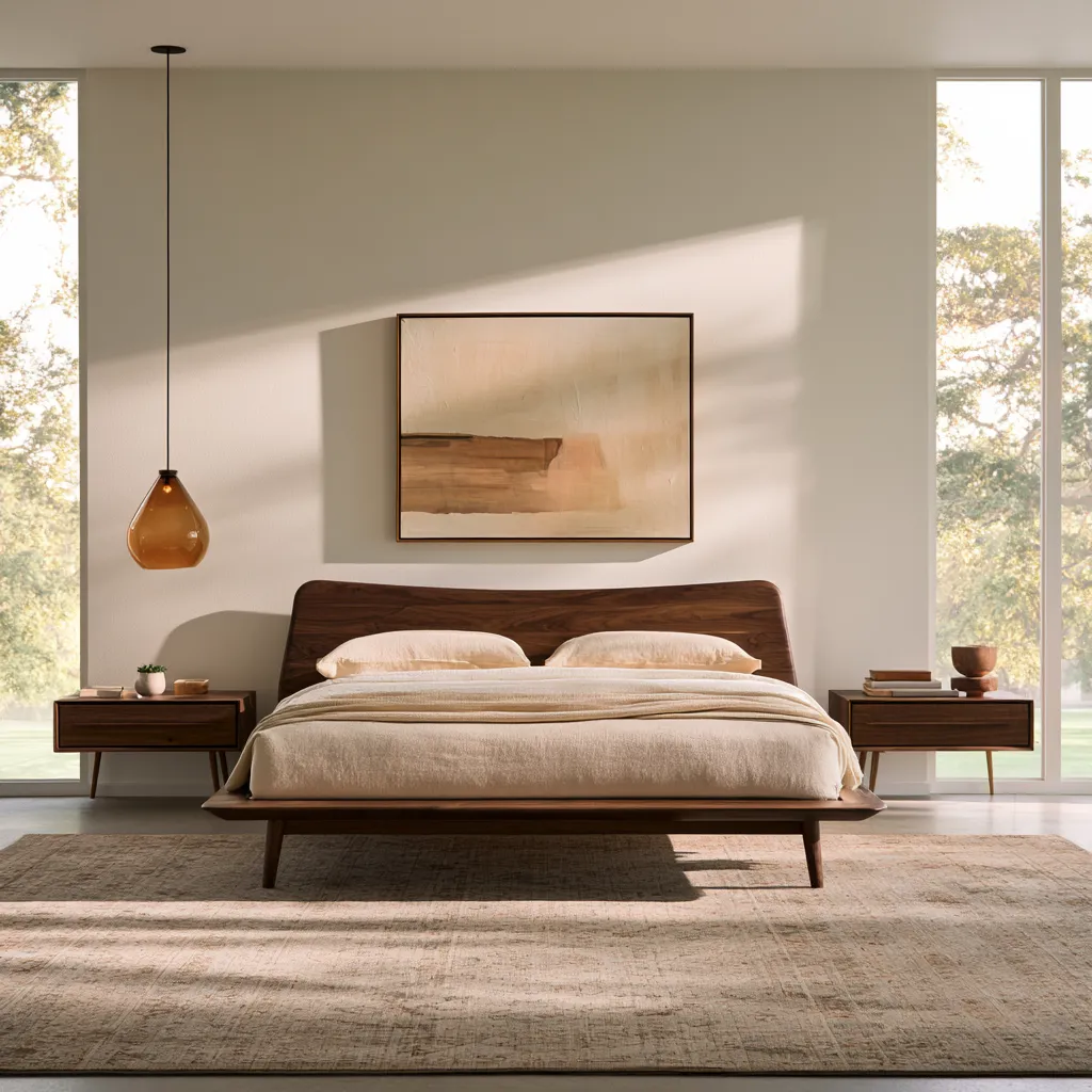 Classic midcentury modern bedroom design with linen bedding and abstract art wall