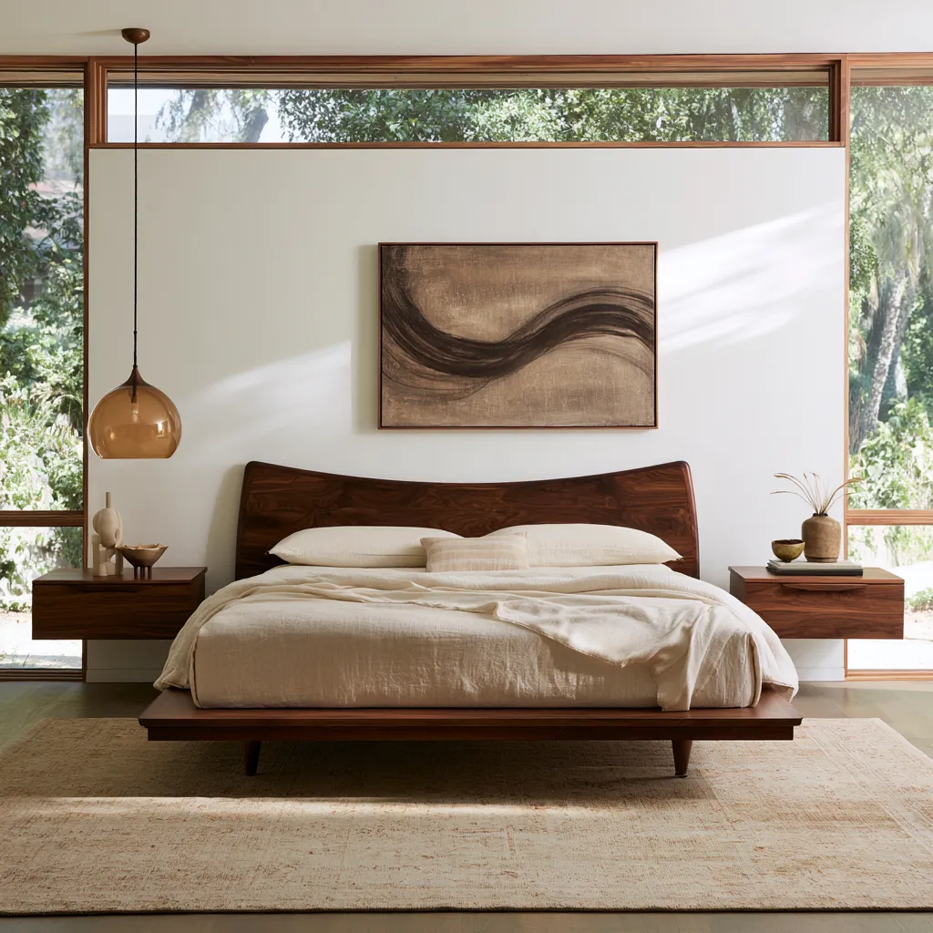 Mid century modern style bedroom featuring warm wood furniture and wide window light