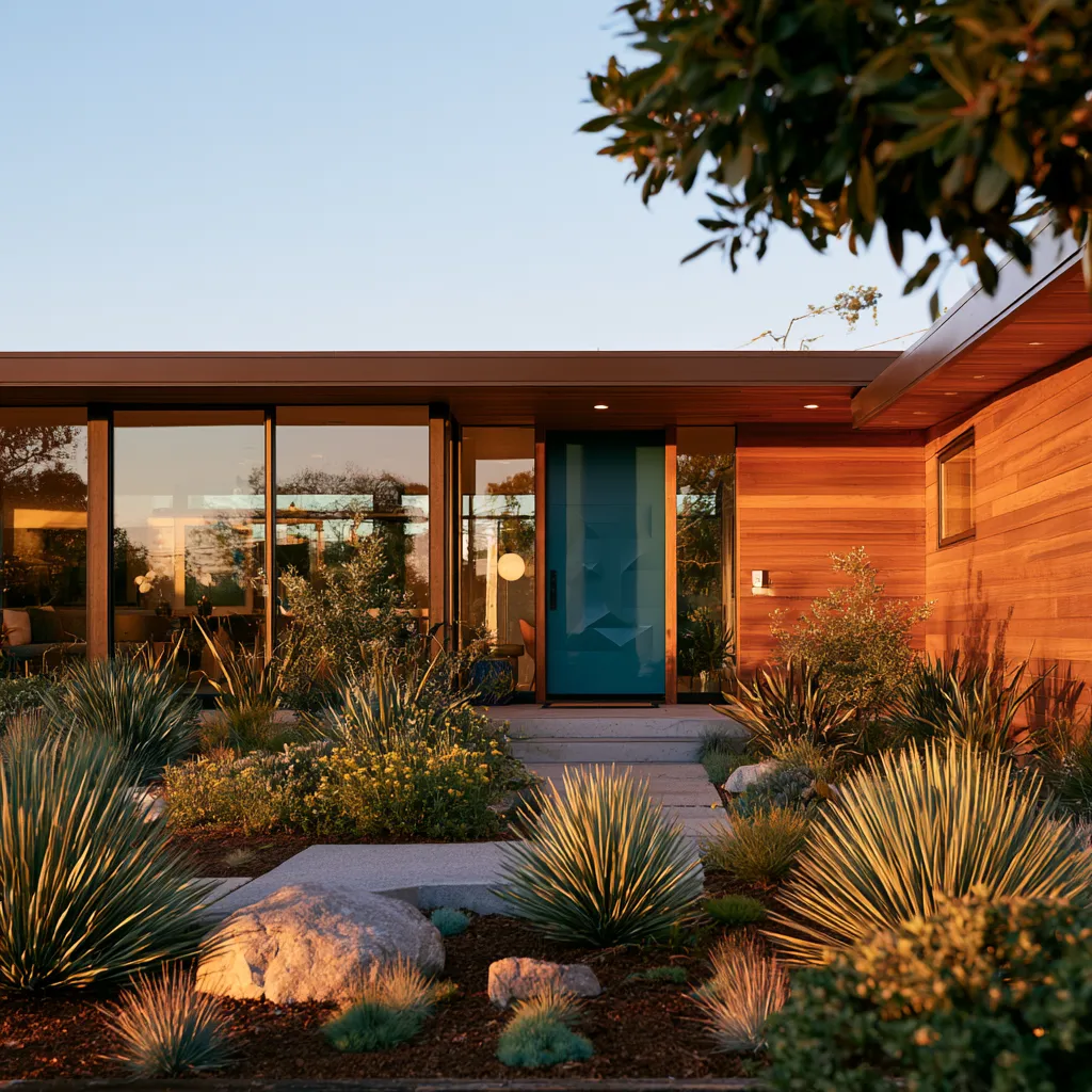 Classic mid century home design with warm wood cladding and floor-to-ceiling glazing