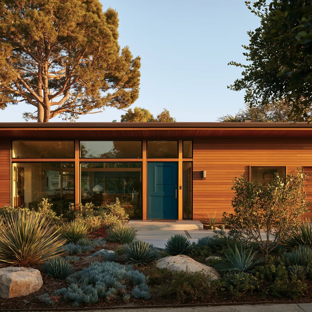 Mid century modern exterior architecture with drought-tolerant landscaping and teal accent door