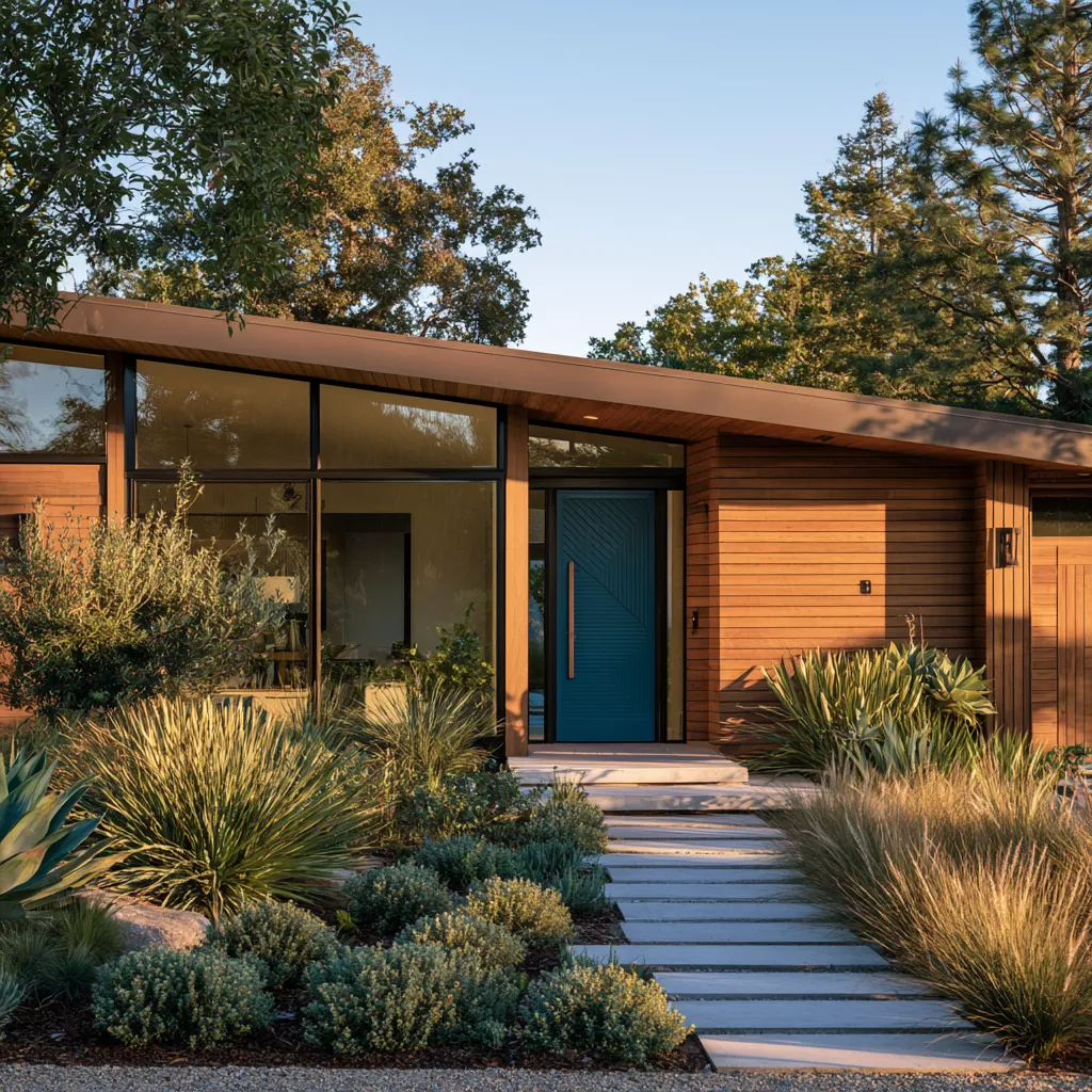 Mid century modern style home exterior with teal front door and cedar cladding at golden hour