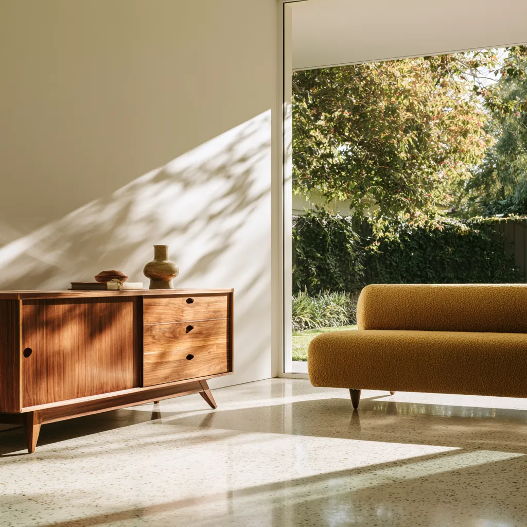 Mid century style living room with walnut credenza and ochre sofa in morning light