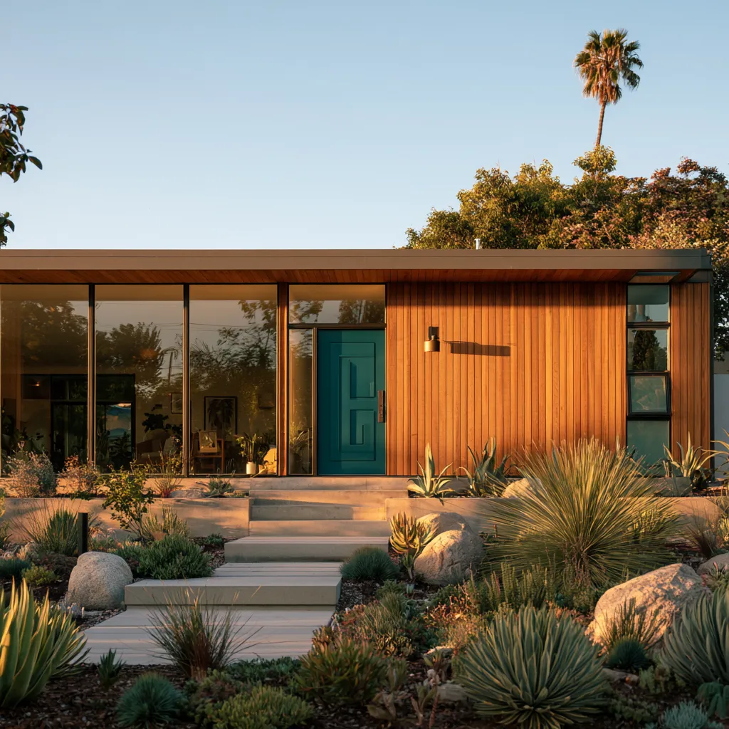 Retro midcentury house exterior featuring flat roof, large windows and geometric entry door