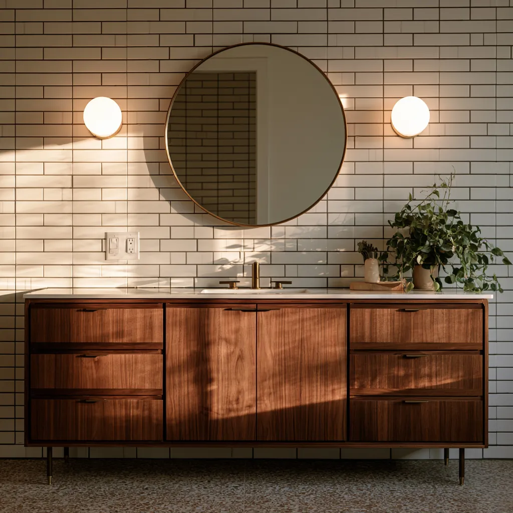 Retro midcentury style bathroom featuring terrazzo floor and warm sconce lighting