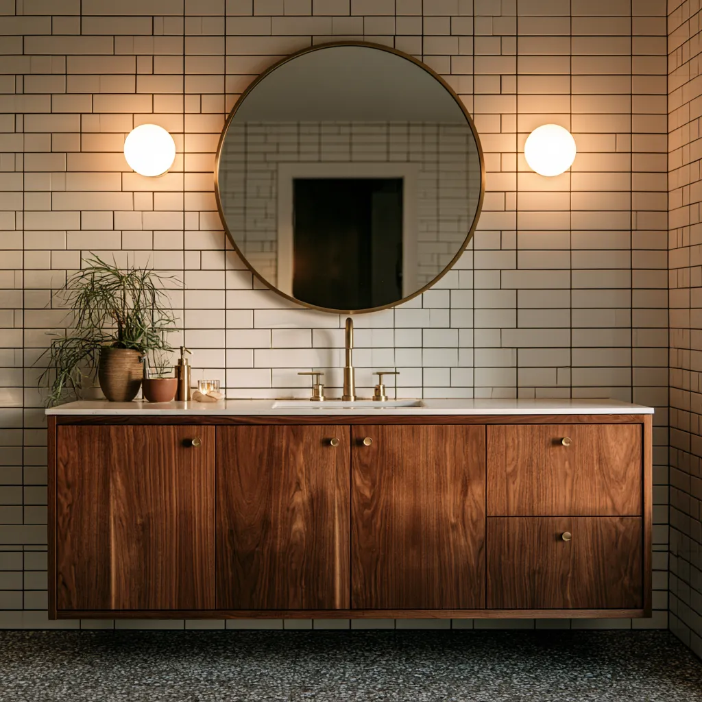Mid century bathroom design with brass fixtures and white subway tile in editorial style
