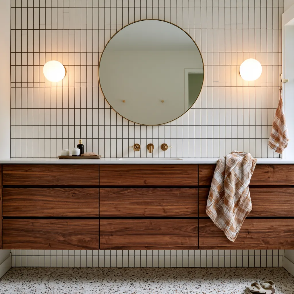 Classic mid century modern interior bathroom with warm wood vanity and minimal decor