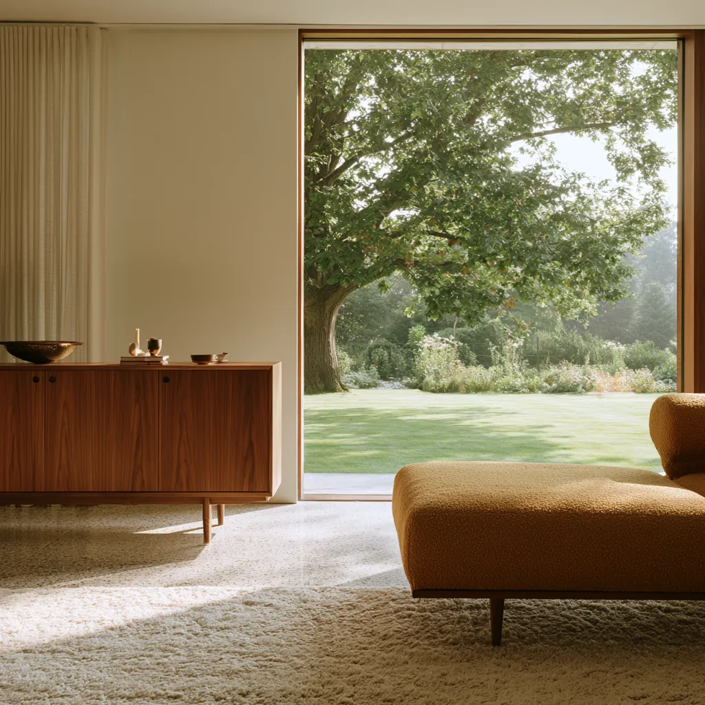 Classic midcentury modern interior featuring terrazzo floor and angled furniture legs