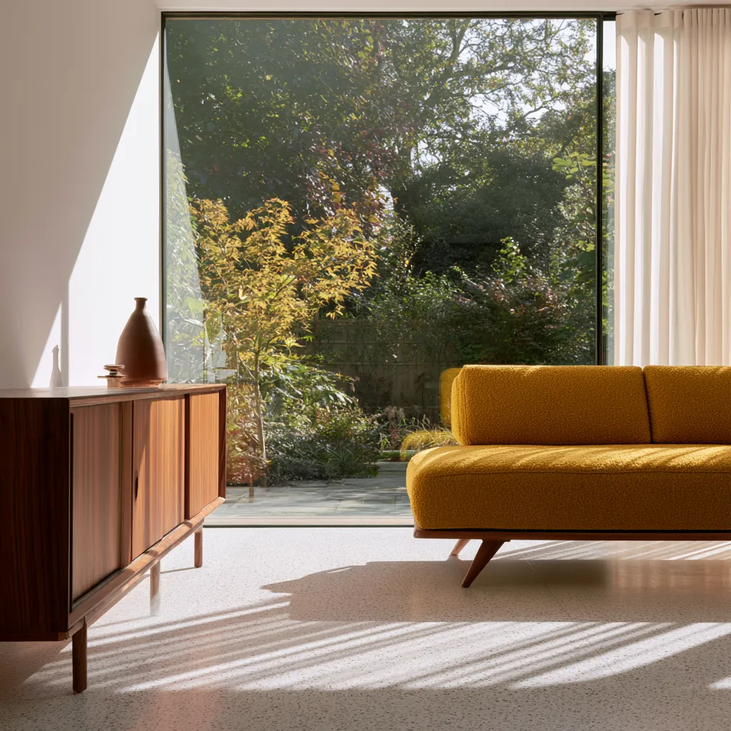 Retro mid century living room design with low-profile boucle sofa and garden view
