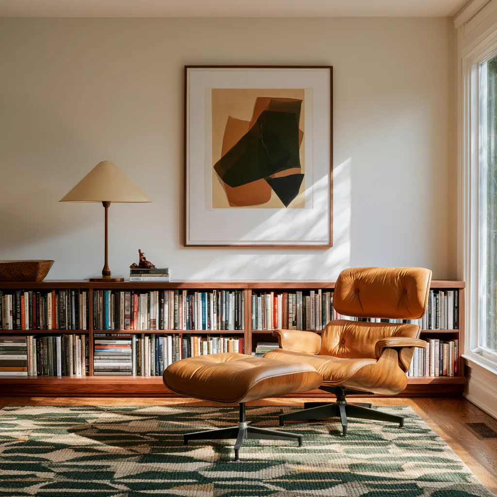 Mid century modern interior corner with warm afternoon light, wood shelving and pendant lamp