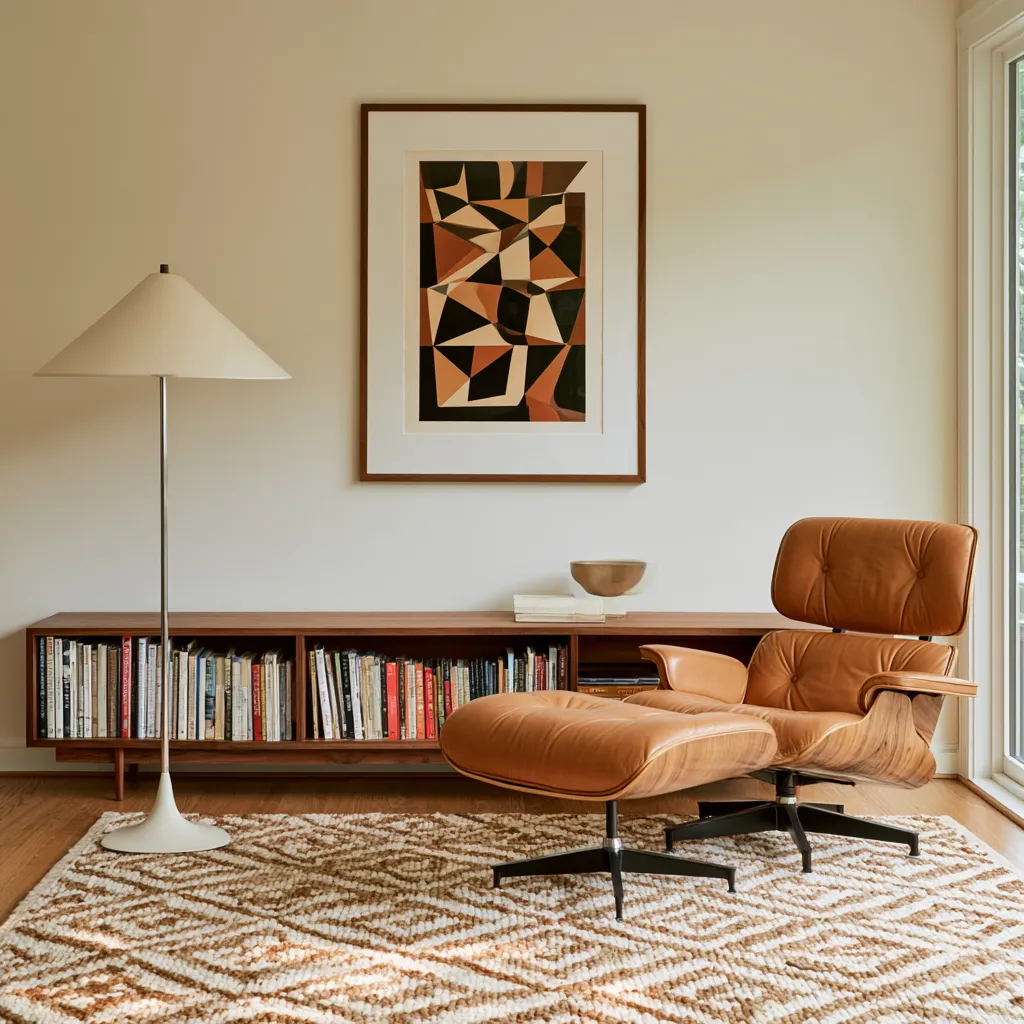 Cozy midcentury modern interior nook with geometric wool rug and cone floor lamp