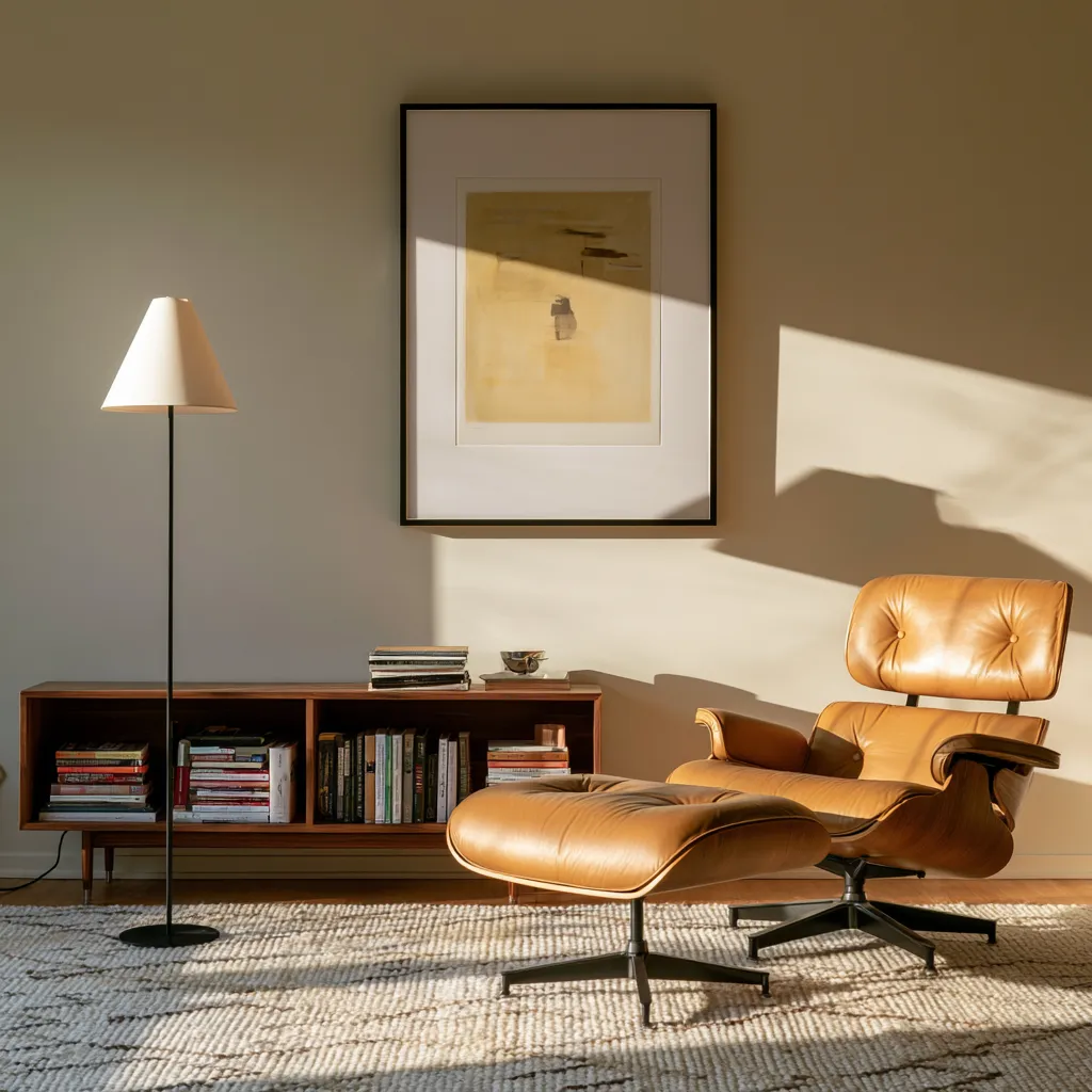 Retro mid century decor reading area featuring abstract art print and leather Eames chair