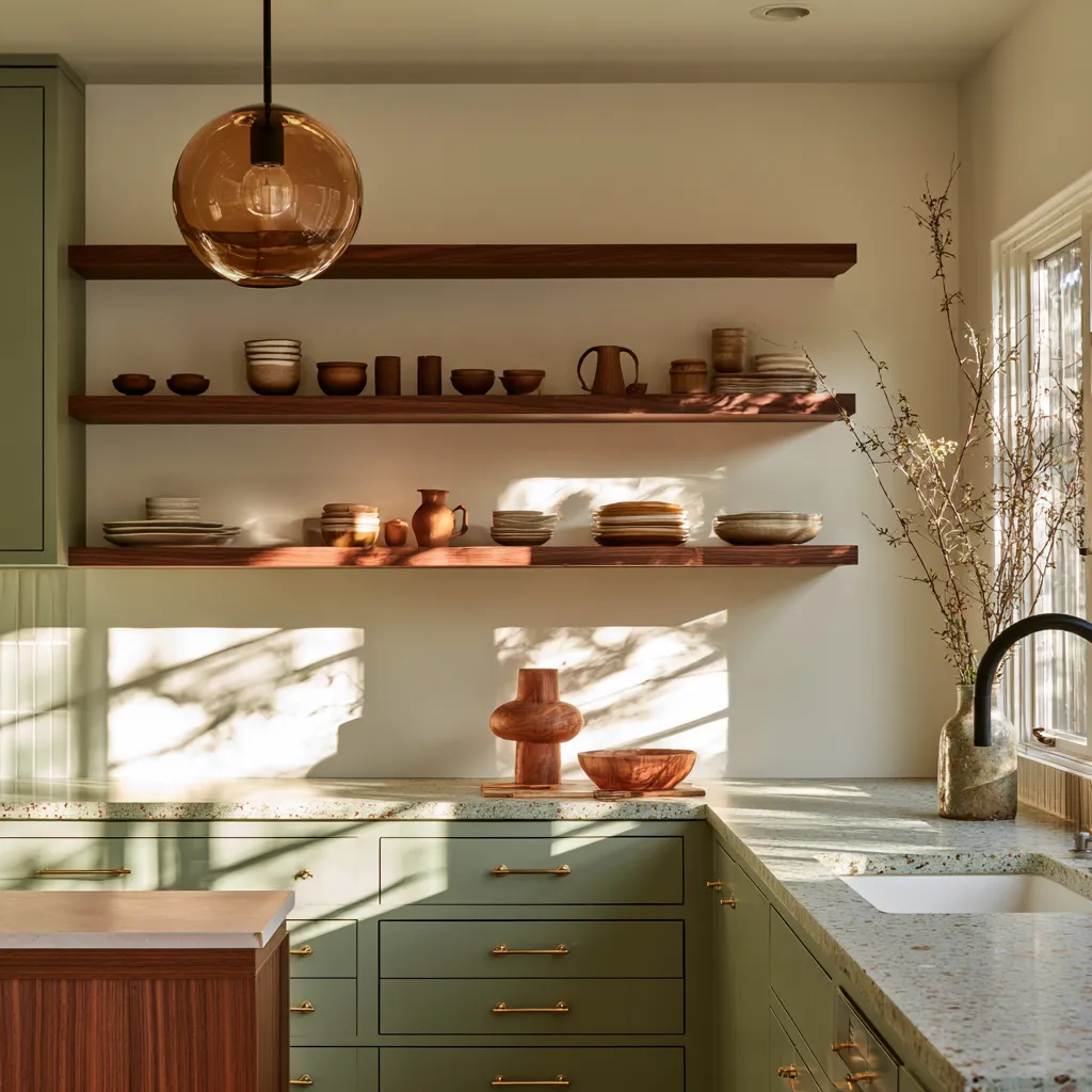 Retro midcentury modern kitchen featuring walnut shelving and amber pendant lighting
