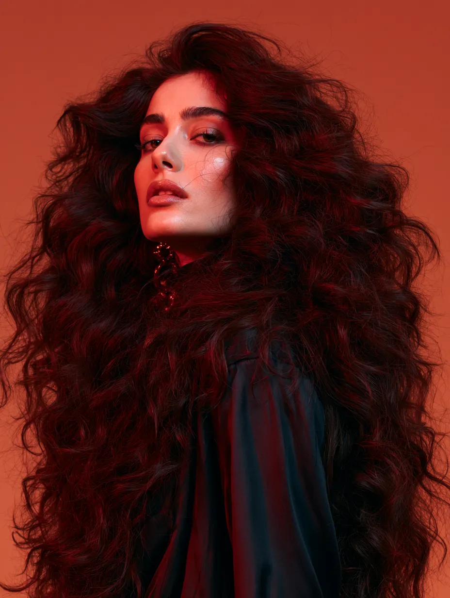 Mob wife hair trend 2026 in warm red-brunette cherry cola shade with glamorous loose curls