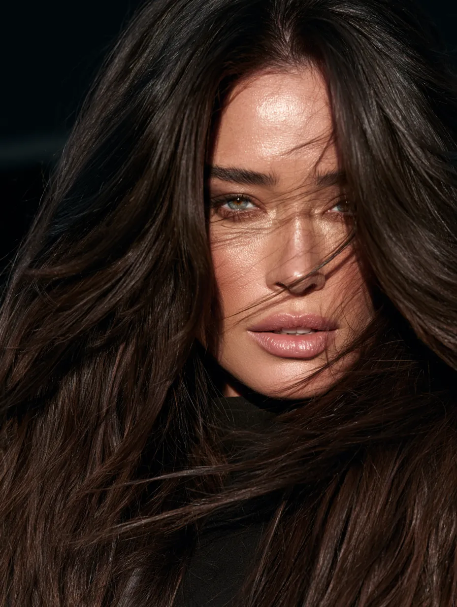 Mob wife inspired blowout hair tutorial 2026 showing dramatic volume and warm brunette gloss