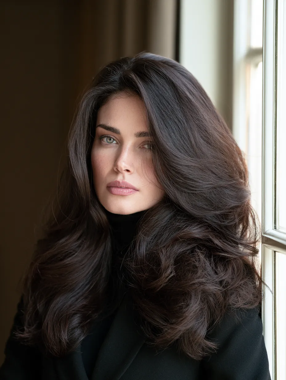 Workplace mob wife aesthetic hair 2026 with polished brunette blowout and controlled volume
