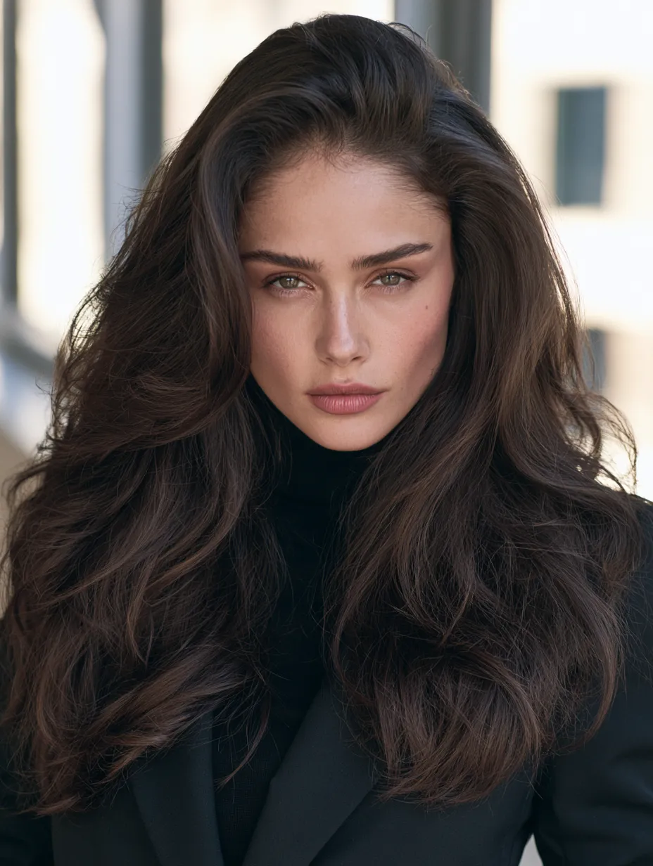 2026 mob wife inspired hair at work with sleek high-volume blowout and warm espresso color
