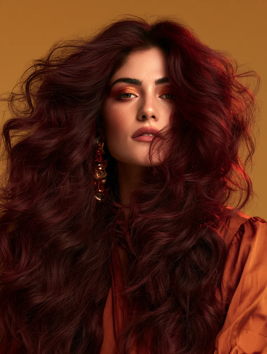 2026 mob wife aesthetic hair color in deep cherry cola with bold makeup and statement earrings