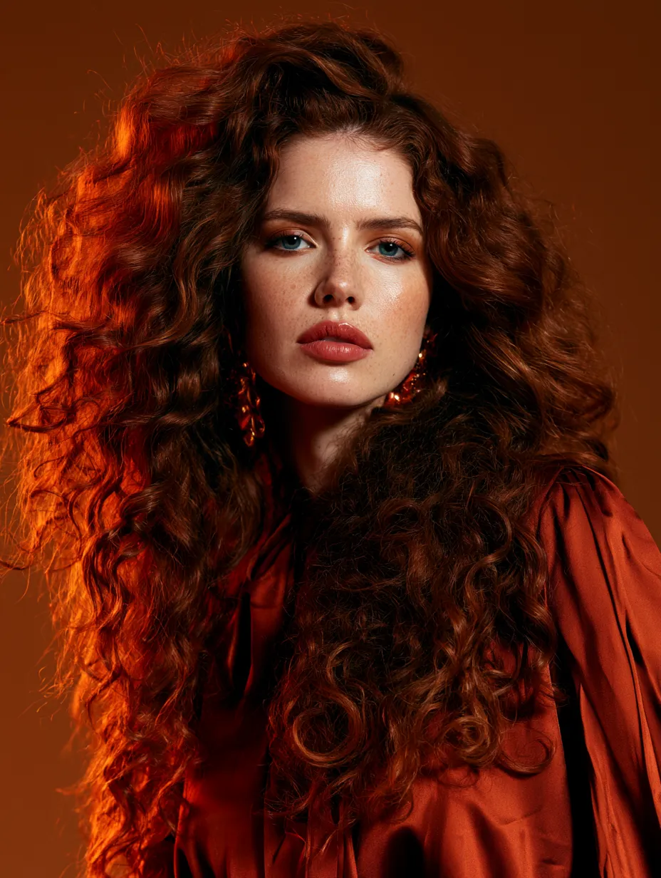Long voluminous cherry cola hair for mob wife aesthetic look in 2026 editorial portrait